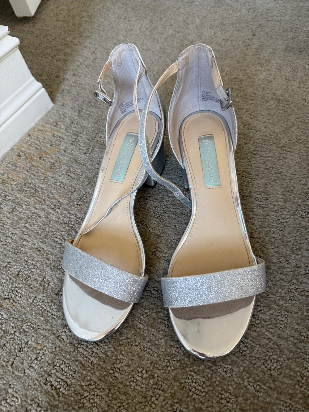 Betsey Johnson Silver Glitter Open-Toe Ankle Strap Block Heels